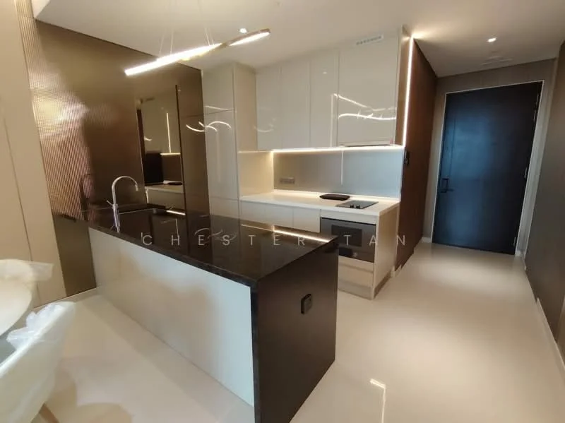 Kitchen features: black granite countertop, white cabinetry with flat-panel design, built-in oven, stainless-steel sink, chrome pull-down faucet, recessed LED downlights, white tile backsplash, integrated refrigerator, kitchen island with seating, ceramic tile flooring, wall-mounted cabinets, modern pendant lighting; style: modern.