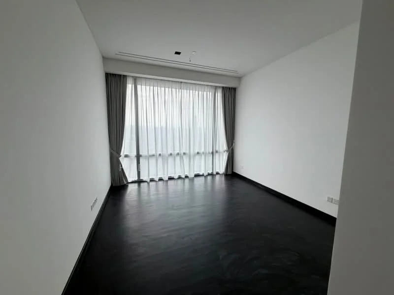 Room features: white painted walls, black flooring, floor-to-ceiling windows, sheer curtains, recessed downlights; style: modern; view: city.