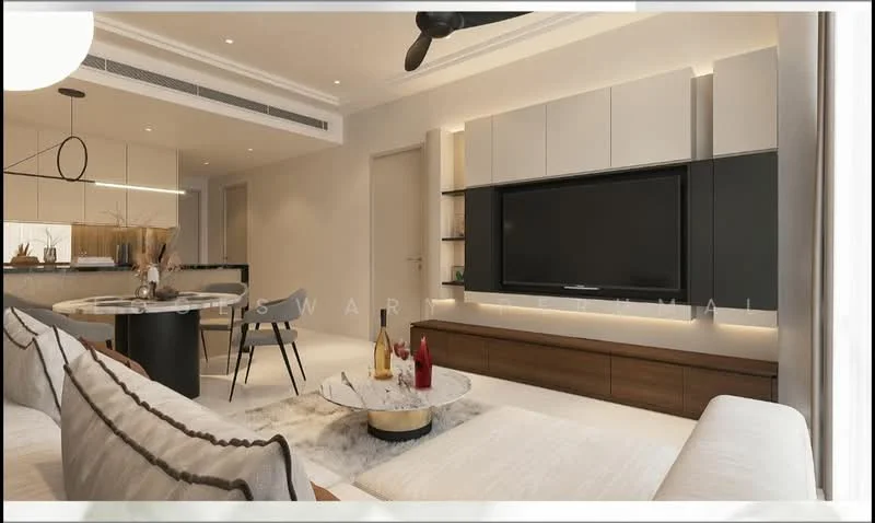 Living features: L-shape sectional sofa in white, coffee table with round top, wall-mounted TV, TV console with wood finish, recessed downlights, ceiling fan, decorative wall shelving, neutral wall color, area rug with soft texture, decorative vases, artwork on wall, open-plan layout with kitchen visible; style: modern. Kitchen features: island kitchen with bar seating, stainless-steel appliances, pendant lighting above island, wood cabinetry, marble countertop, open shelving, neutral color palette; style: modern.
