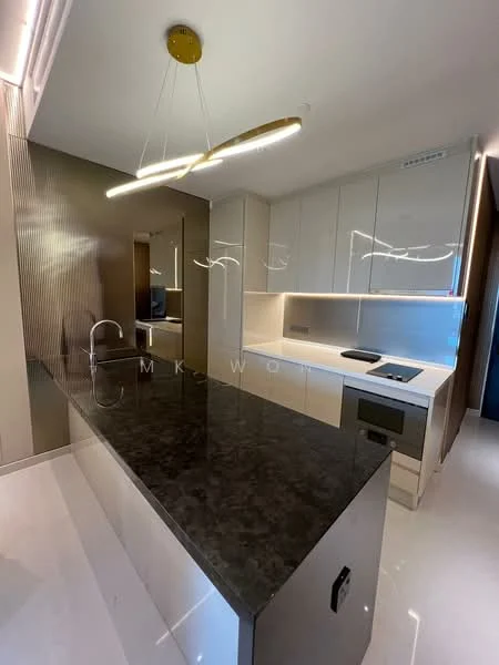 Kitchen features: black granite countertop, white cabinetry with flat-panel design, built-in oven, induction cooktop, single-bowl stainless-steel sink, chrome pull-down faucet, pendant light fixture, mirrored backsplash, recessed LED downlights, high-gloss finish on cabinetry, integrated refrigerator, open layout; style: modern.