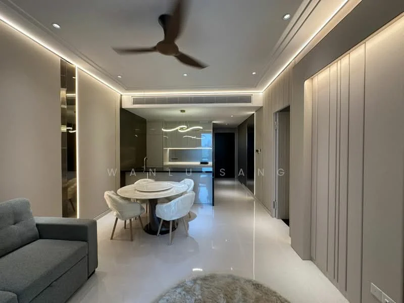 Living features: 3-seater fabric sofa in grey, round dining table, upholstered dining chairs, 5-blade ceiling fan with light, recessed LED downlights, white painted walls, glossy tile flooring, decorative wall paneling, area rug with circular pattern, open layout to kitchen, floor-to-ceiling windows, kitchen island with countertop; style: modern.