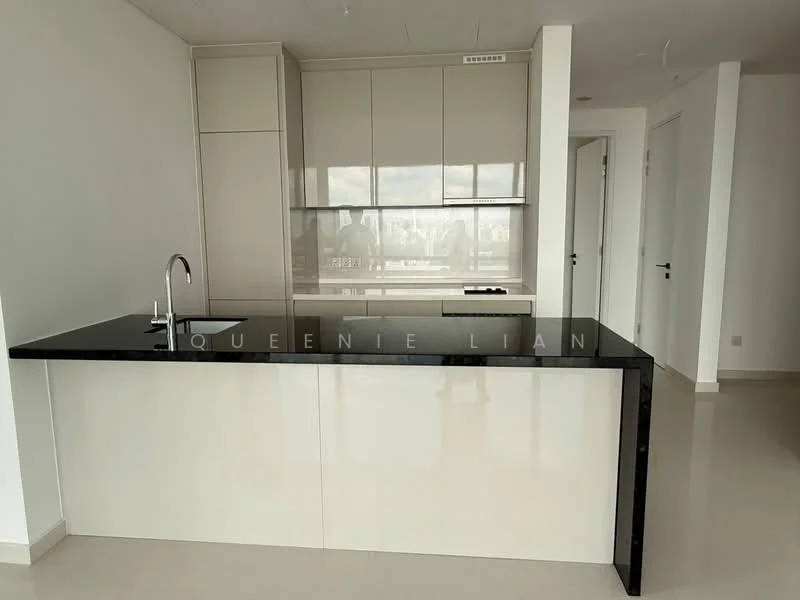 Kitchen features: black granite countertop, white glossy cabinetry, built-in oven, stainless-steel sink, chrome pull-down faucet, open kitchen layout, recessed downlights, floor-to-ceiling windows, cream painted walls, polished tile flooring; style: modern; view: city.