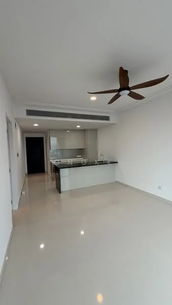 Living features: white painted walls, polished tile flooring, 5-blade ceiling fan with light, recessed downlights, open-plan layout to kitchen, large windows for natural light, neutral color scheme, no visible furniture; style: modern. Kitchen features: kitchen island with countertop, stainless-steel sink, built-in cabinetry, modern appliances, open layout to living area; style: modern.