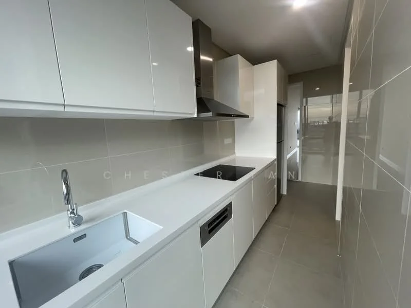 Kitchen features: white glossy cabinetry, single-bowl stainless-steel sink, chrome pull-down faucet, black built-in oven, black induction cooktop, white countertop, grey ceramic tile backsplash, grey tile flooring, recessed downlights, floor-to-ceiling cabinets, open shelving, built-in refrigerator; style: modern.