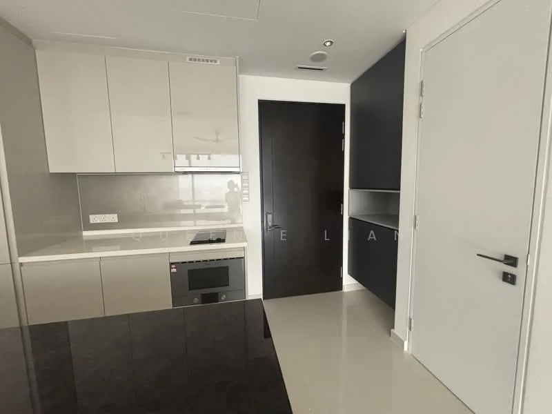 Kitchen features: white high-gloss cabinetry, black countertop, built-in microwave, integrated oven, stainless-steel sink, chrome faucet, glass backsplash, tile flooring, recessed downlights, sliding door, dark wood door, open shelving; style: modern.