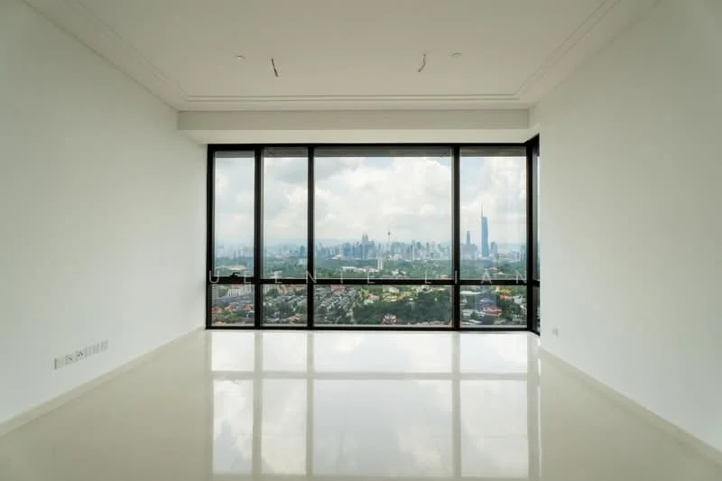 Room features: floor-to-ceiling windows, white painted walls, polished concrete flooring, city skyline view, no visible furniture, high ceiling, natural light, minimalist design; style: modern; view: city.