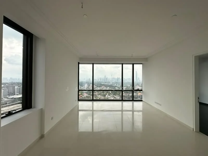 Living features: floor-to-ceiling windows, white painted walls, polished ceramic tile flooring, tray ceiling, city skyline view; style: modern; view: city.