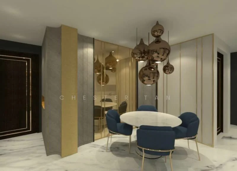 Dining features: round dining table, upholstered dining chairs in blue, marble flooring, decorative wall with gold accents, modern pendant lighting, mirrored wall, dark wood door, neutral wall color; style: modern.