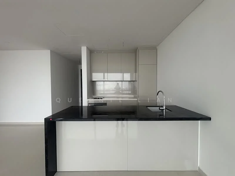 Kitchen features: black granite countertop, white glossy cabinetry, built-in oven, stainless-steel sink, chrome pull-down faucet, glass backsplash, induction cooktop, open layout, recessed downlights, neutral tile flooring; style: modern.