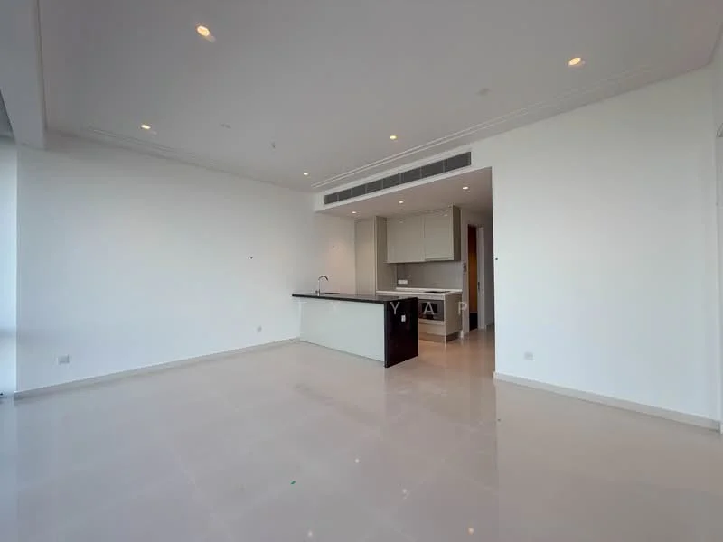 Living features: white painted walls, marble tile flooring, recessed downlights, open-plan layout, kitchen island with countertop, floor-to-ceiling windows, neutral color scheme, no visible furniture; style: modern.