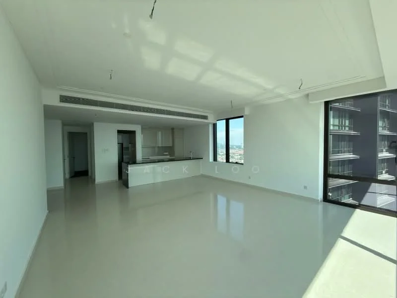 Living features: white painted walls, polished concrete flooring, floor-to-ceiling windows, open-plan layout, recessed downlights, central air conditioning vent, kitchen island, city view; style: modern; view: city. Kitchen features: white cabinetry, stainless-steel appliances, granite countertop, open layout to living area; style: modern.