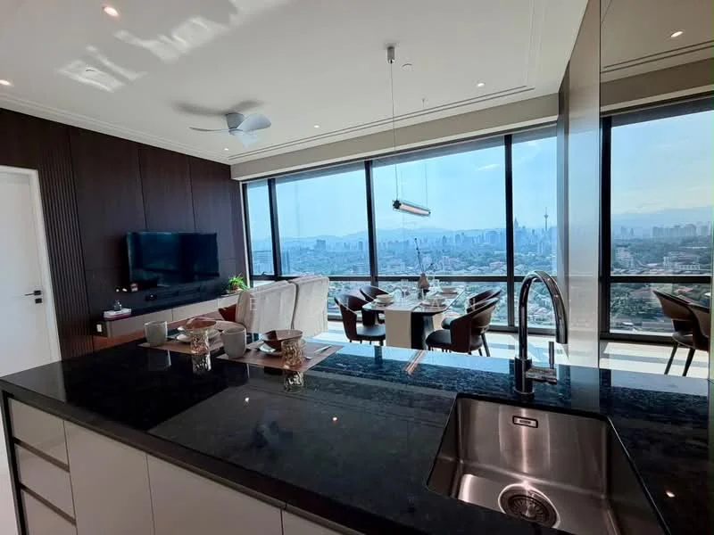 Kitchen features: black granite countertop, single-bowl stainless-steel sink, chrome pull-down faucet, kitchen island, modern cabinetry, recessed downlights, floor-to-ceiling windows, city skyline view; style: modern; view: city. Dining features: 6-seater dining table, upholstered dining chairs, decorative centerpieces; style: modern; view: city. Living features: wall-mounted TV, sofa, coffee table, decorative plants; style: modern; view: city.