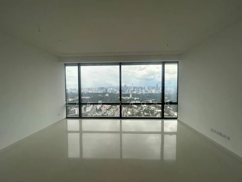 Living features: floor-to-ceiling windows, white painted walls, polished concrete flooring, city skyline view, recessed downlights, minimalist design, open layout, no visible furniture; style: modern; view: city.