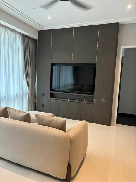 Living features: beige fabric sofa, wall-mounted TV, dark wood cabinetry, recessed lighting, ceiling fan, floor-to-ceiling windows, sheer curtains, light-colored flooring, neutral wall color; style: modern.