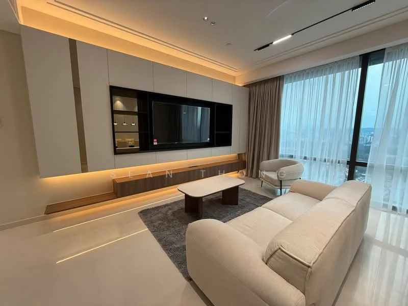 Living features: light beige fabric sofa, wood coffee table, grey area rug, wall-mounted TV, built-in cabinetry with white finish, ambient LED lighting, floor-to-ceiling windows with sheer curtains, city view, recessed ceiling lights, light-coloured walls, polished tile flooring; style: modern; view: city.