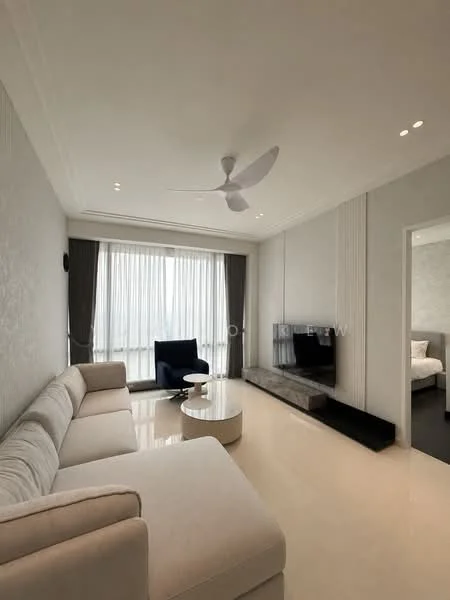 Living features: L-shape sectional sofa in beige, blue accent chair, round coffee table, wall-mounted TV, TV console in dark finish, floor-to-ceiling windows, sheer curtains, recessed downlights, 5-blade ceiling fan, cream painted walls, polished tile flooring; style: modern; view: city.