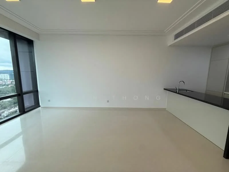 Living features: large floor-to-ceiling windows, white painted walls, smooth ceiling with recessed lighting, polished concrete flooring, open layout to kitchen area, black countertop, minimalist cabinetry, no visible appliances; style: modern; view: city.