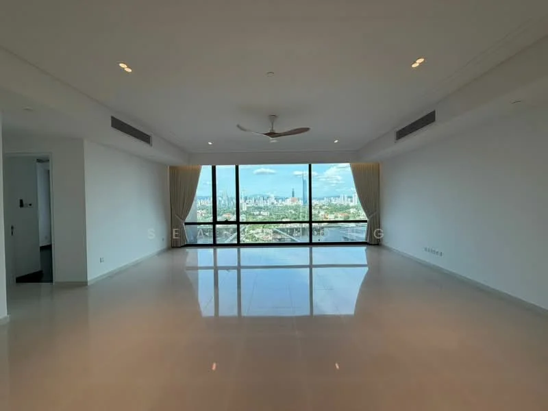 Living features: large floor-to-ceiling windows, white painted walls, polished ceramic tile flooring, recessed downlights, 5-blade ceiling fan, curtains, open layout, city skyline view; style: modern; view: city.