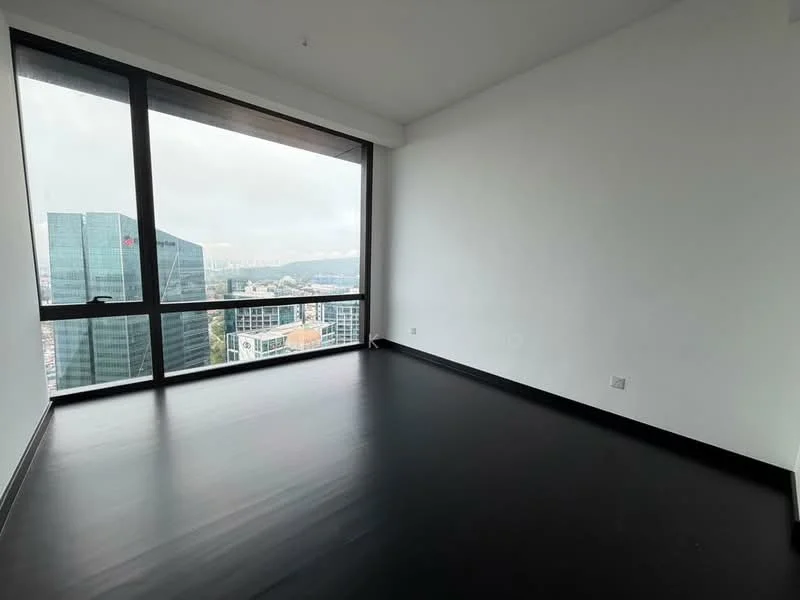 Room features: floor-to-ceiling windows, black laminate flooring, white painted walls, city skyline view; style: modern; view: city.