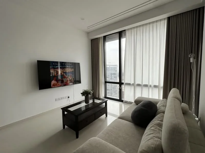 Living features: beige fabric sofa, black coffee table, wall-mounted TV, floor-to-ceiling windows, sheer curtains, blackout curtains, light-colored walls, polished tile flooring, decorative artwork on wall, lamp with adjustable arm; style: modern; view: city.