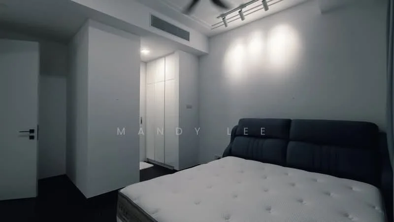 Bedroom features: queen-size bed with mattress, upholstered headboard, built-in wardrobe with sliding doors, white painted walls, dark flooring, recessed downlights, ceiling fan, window with sheer curtains; style: modern.