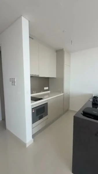 Kitchen features: white cabinetry, grey countertop, built-in oven, stainless-steel microwave, stainless-steel range hood, 4-burner gas hob, single-bowl stainless-steel sink, modern faucet, light-colored tile flooring, open layout, minimalist design, wall-mounted cabinets, integrated refrigerator; style: modern.