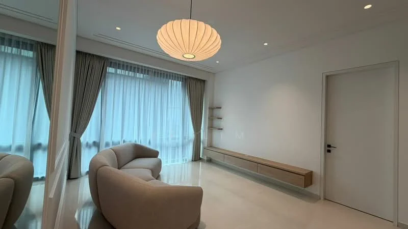 Living features: curved beige sofa, white walls, recessed downlights, large floor-to-ceiling windows, sheer curtains, light wood floating shelf, glossy tile flooring, pendant light fixture; style: modern.