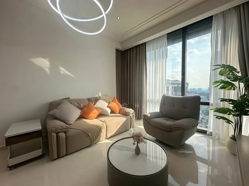 Living features: 3-seater fabric sofa in beige, accent pillows in orange, armchair in light grey, round coffee table with glass top, floor-to-ceiling windows, sheer curtains, curtains in brown, recessed downlights, decorative plant in ceramic pot, polished tile flooring; style: modern; view: city.
