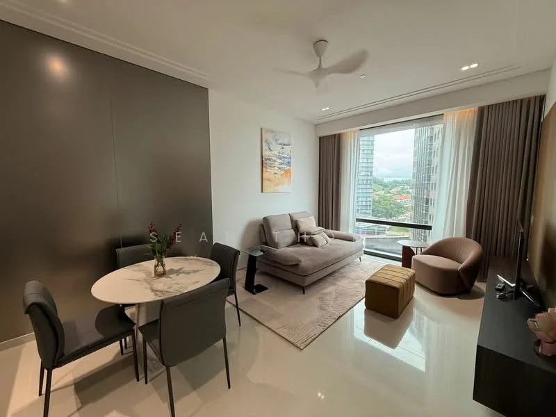 Living features: light grey fabric sofa, round coffee table, tan ottoman, floor-to-ceiling windows, city view, wall-mounted TV, TV console, recessed downlights, ceiling fan, area rug with geometric pattern, decorative artwork on wall, curtains, marble flooring; style: modern; view: city. Dining features: round dining table, 4 dining chairs, marble tabletop, grey upholstered chairs; style: modern; view: city.