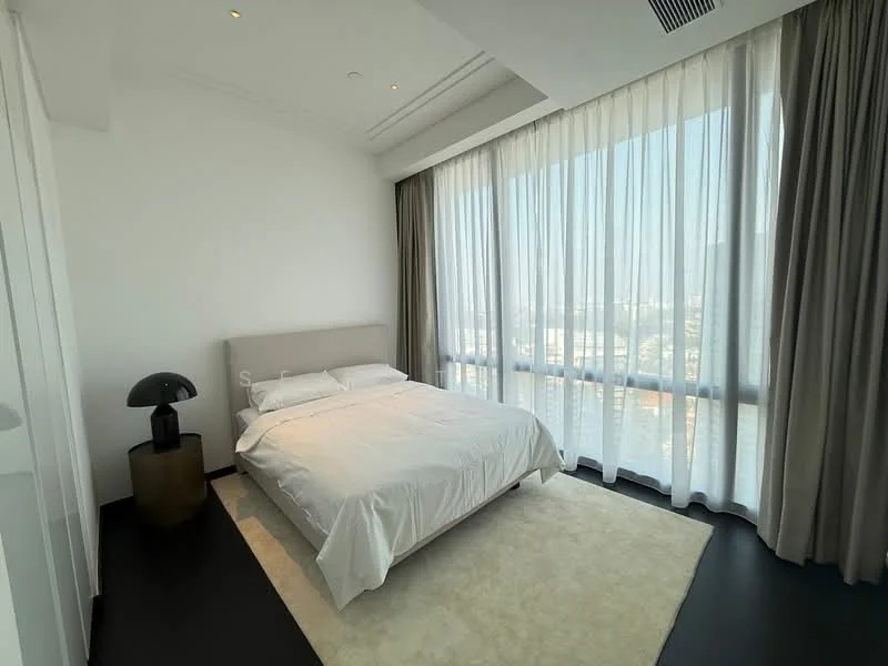 Bedroom features: king-size bed with upholstered headboard, white bedding, floor-to-ceiling windows, sheer curtains, blackout curtains, laminate flooring, area rug, decorative table lamp, nightstand, city view; style: modern; view: city.