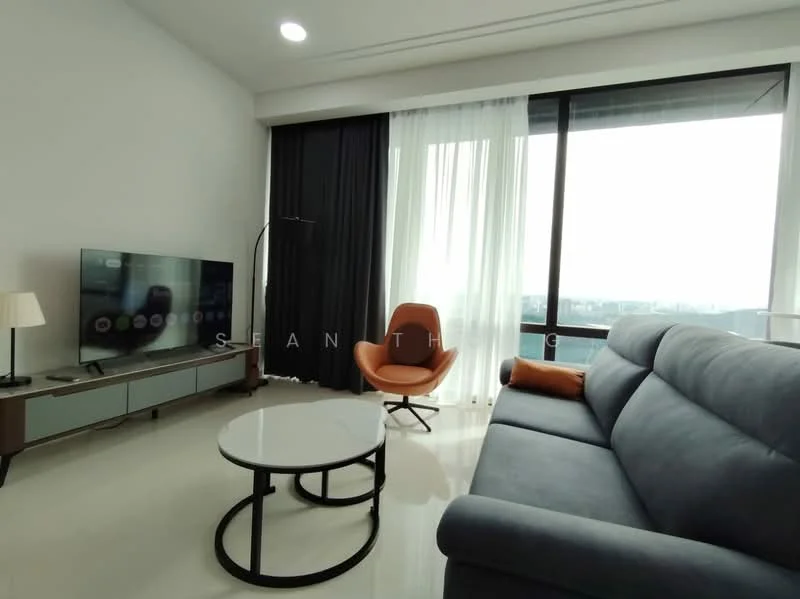 Living features: grey fabric sofa, round coffee table with black metal base, floor-to-ceiling windows, sheer white curtains, blackout curtains, TV console with storage, wall-mounted TV, orange accent chair, lampshade floor lamp, polished tile flooring, decorative throw pillow; style: modern; view: city.