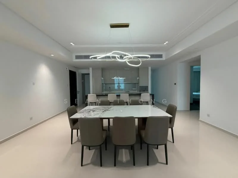 Dining features: large rectangular dining table with marble top, 8 upholstered dining chairs in beige, modern pendant light fixture, white painted walls, light-colored tile flooring, recessed ceiling lights, open layout to kitchen, floor-to-ceiling windows, view of adjacent room; style: modern.