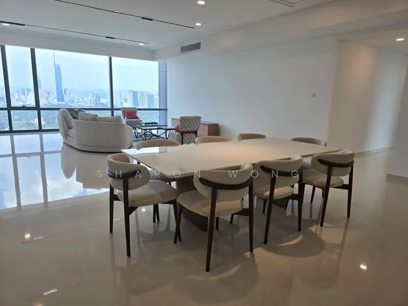 Dining features: 6-seater dining table, upholstered dining chairs, marble flooring, floor-to-ceiling windows, city view, recessed lighting, white painted walls, open layout to living area; style: modern; view: city. Living features: sofa, accent chairs, coffee table, floor-to-ceiling windows, city view, marble flooring, white painted walls, recessed lighting; style: modern; view: city.