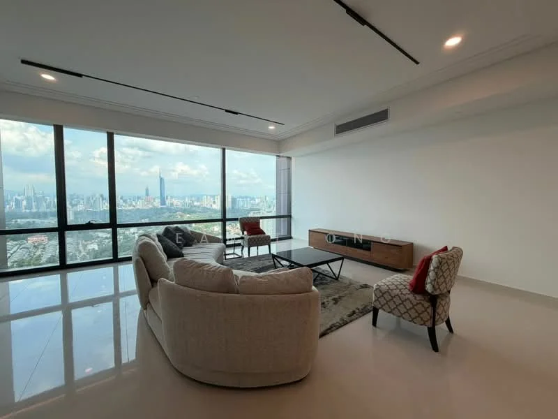 Living features: floor-to-ceiling windows, city view, beige fabric sofa, coffee table, TV console, area rug with geometric pattern, decorative cushions, recessed downlights, white painted walls, polished tile flooring; style: modern; view: city.