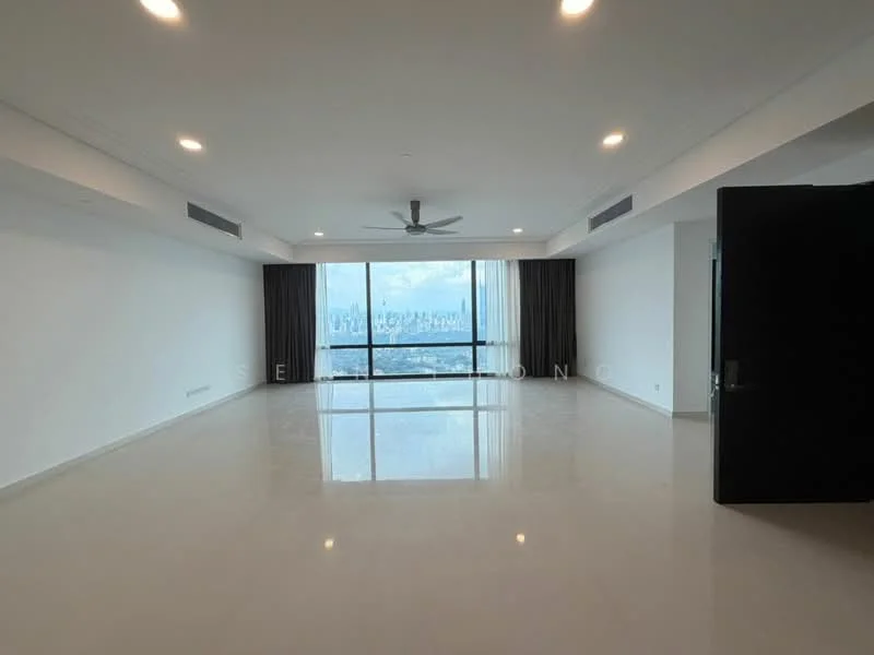 Living features: large floor-to-ceiling windows, city view, white painted walls, polished marble flooring, 5-blade ceiling fan, recessed downlights, blackout curtains, open layout; style: modern; view: city.