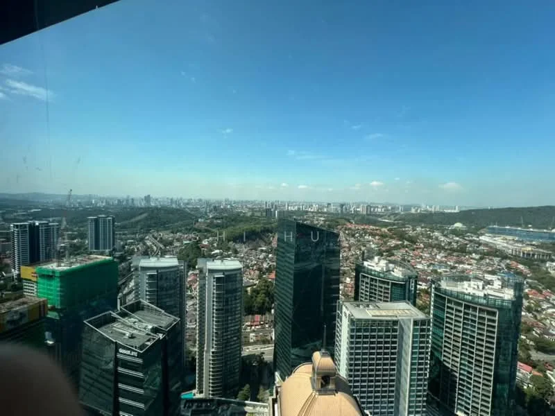 Exterior type: high-rise condominium; features: city skyline view, surrounded by greenery, multiple high-rise buildings, urban landscape, clear blue sky; style: modern.