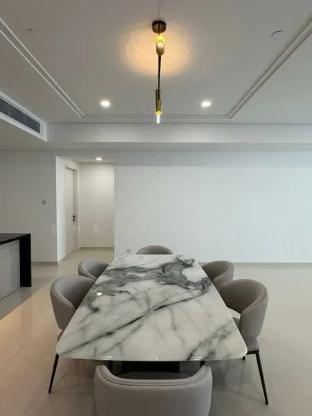 Dining features: marble dining table, 6 upholstered dining chairs, pendant light fixture, recessed downlights, white painted walls, polished tile flooring, crown moulding, open layout to adjacent room; style: modern.