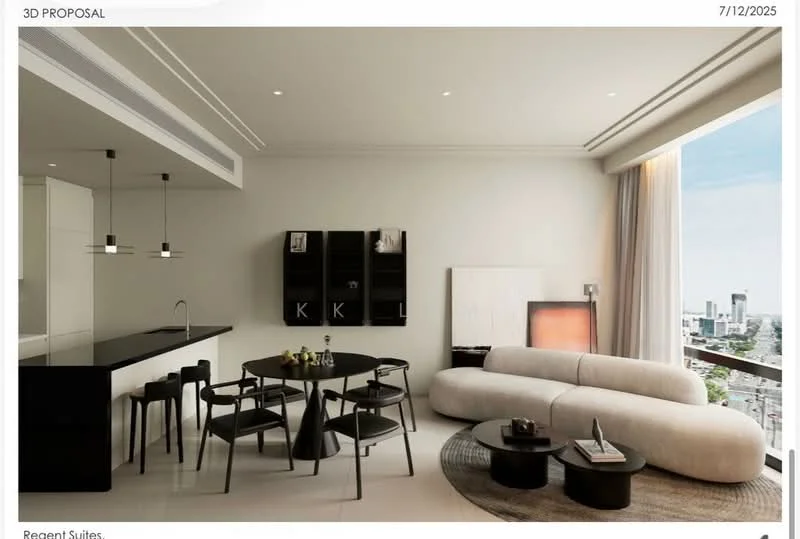 Living features: light grey sectional sofa, black round coffee table, black dining table with 4 chairs, white walls, recessed downlights, floor-to-ceiling windows, curtains, open kitchen with island, black cabinetry, minimalist decor, wooden flooring, artwork on wall; style: modern; view: city.