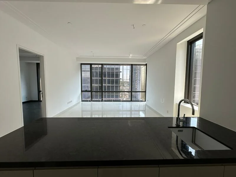 Kitchen features: black granite countertop, single-bowl stainless-steel sink, chrome pull-down faucet, kitchen cabinetry, open layout to living area; style: modern; view: city. Living features: floor-to-ceiling windows, white painted walls, polished concrete flooring, natural light, open space layout; style: modern; view: city.