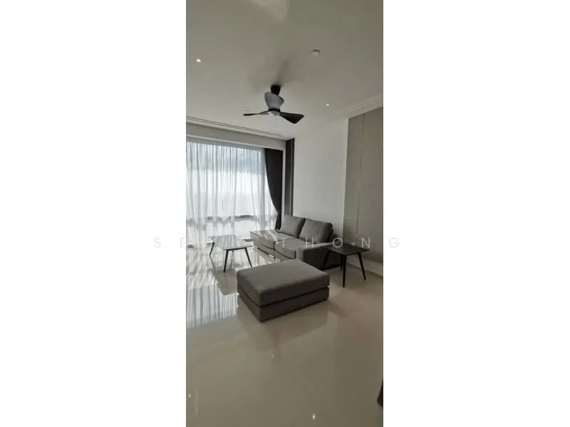 Living features: 3-seater fabric sofa in grey, ottoman, coffee table, floor-to-ceiling windows, sheer curtains, 5-blade ceiling fan with light, recessed downlights, polished tile flooring, neutral wall colour, decorative wall paneling; style: modern; view: city.