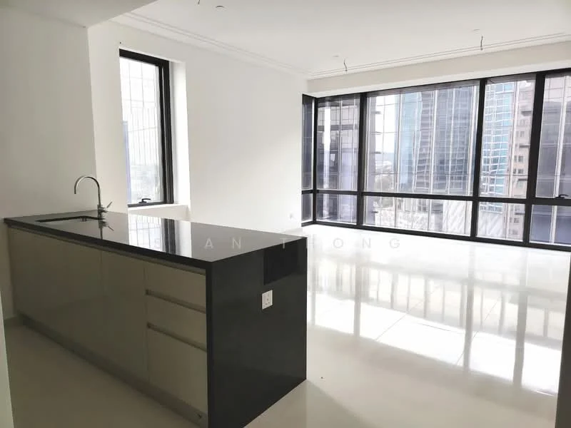 Kitchen features: black granite countertop, single-bowl stainless-steel sink, chrome pull-down faucet, flat-panel beige cabinets, open layout, large windows with city view, white painted walls, polished tile flooring; style: modern; view: city.