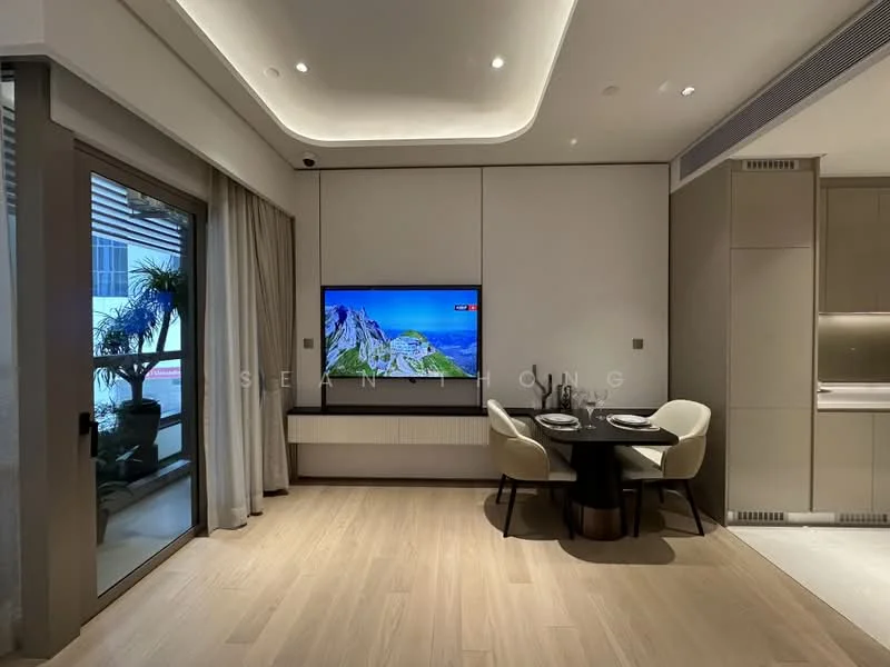 Dining features: light wood flooring, white painted walls, recessed downlights, wall-mounted TV, round dining table, upholstered dining chairs, large glass sliding door, curtains, indoor plants; style: modern; view: garden.