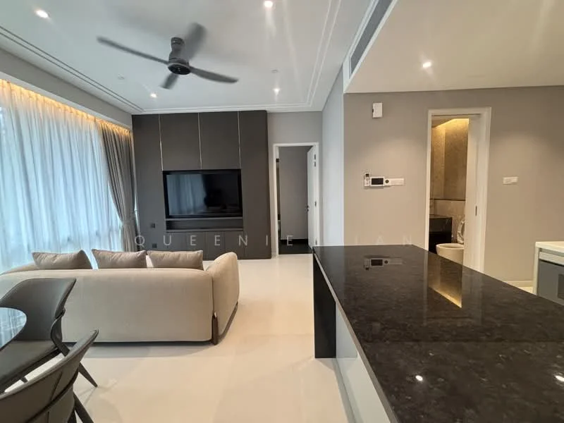 Living features: 3-seater fabric sofa in light beige, black coffee table, wall-mounted TV, black cabinetry with built-in storage, recessed downlights, 5-blade ceiling fan, floor-to-ceiling windows with sheer curtains, light grey walls, white tiled flooring; style: modern. Kitchen features: black granite countertop, stainless-steel sink, built-in oven, freestanding range oven, white cabinetry, open shelving, recessed downlights; style: modern. Bathroom features: one-piece toilet, framed mirror, tile cladding, chrome basin mixer; style: modern.