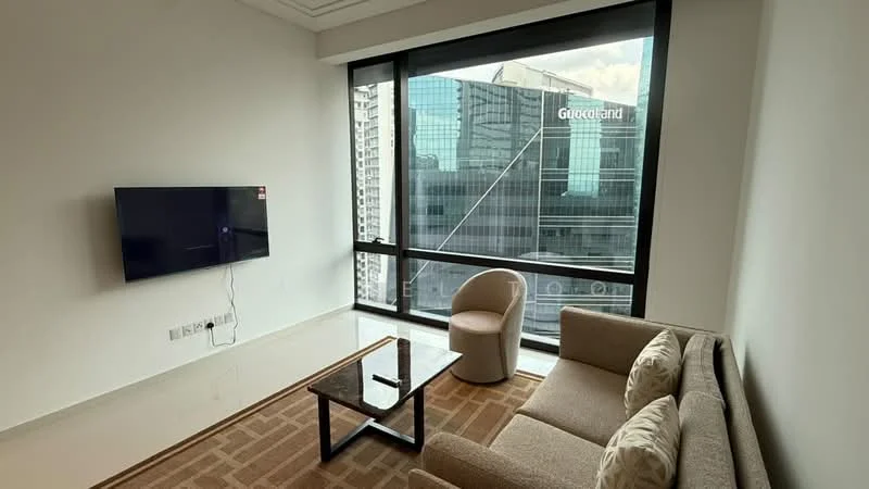 Living features: floor-to-ceiling windows, beige fabric sofa, coffee table, wall-mounted TV, carpet flooring, neutral painted walls, decorative cushions, city view; style: modern; view: city.