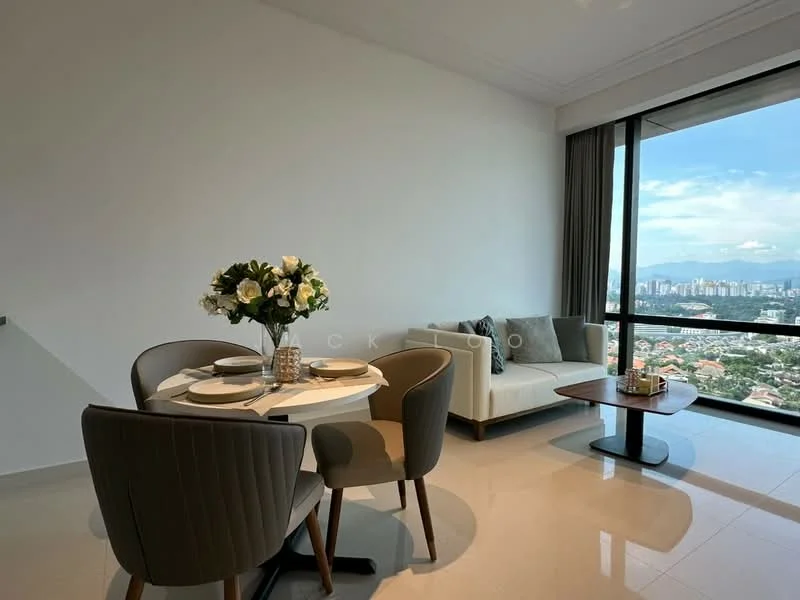Dining features: round dining table, 4 upholstered dining chairs in grey, white tablecloth, decorative vase with flowers, city view through large window, light-coloured tiled flooring, neutral painted walls, sofa in light fabric, wooden side table; style: modern; view: city.