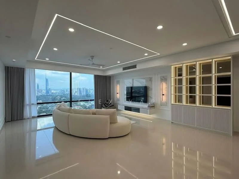 Living features: floor-to-ceiling windows, city view, white painted walls, recessed ceiling with LED lighting, 5-blade ceiling fan, large white sectional sofa, built-in entertainment unit, wall-mounted TV, light-colored flooring, curtains, decorative wall paneling, sconce lighting; style: modern; view: city.