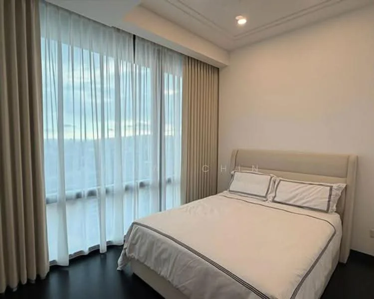 Bedroom features: king-size bed with upholstered headboard, white bedding with grey trim, floor-to-ceiling windows, sheer curtains, blackout curtains, dark wood flooring, recessed downlights, white painted walls, decorative ceiling with crown moulding; style: modern; view: city.