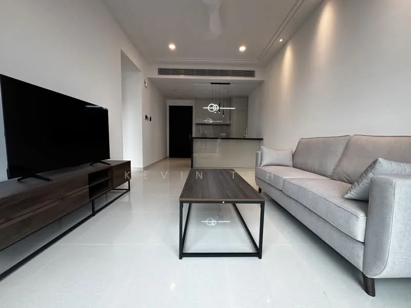 Living features: light grey fabric sofa, wooden coffee table with metal frame, TV console in dark wood, wall-mounted flat-screen TV, recessed downlights, white painted walls, glossy tile flooring, ceiling fan; style: modern. Kitchen features: kitchen island with black countertop, stainless-steel sink, built-in cabinetry, open layout to living area; style: modern.