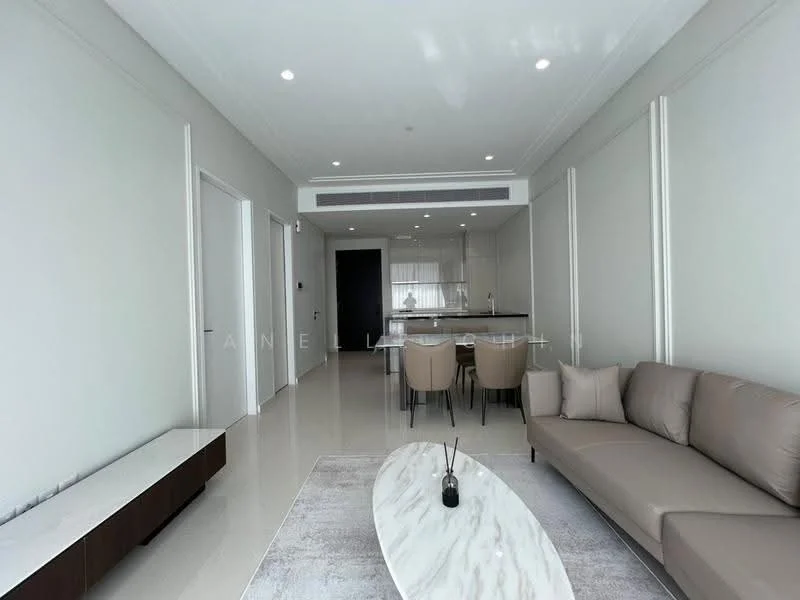 Living features: light grey painted walls, glossy tile flooring, recessed downlights, 3-seater beige fabric sofa, coffee table with marble top, TV console in dark wood, area rug with light pattern, floor-to-ceiling windows, open-plan layout to kitchen and dining area; style: modern. Dining features: 4-seater dining table, upholstered dining chairs in beige, open layout to living area, kitchen visible in background; style: modern.