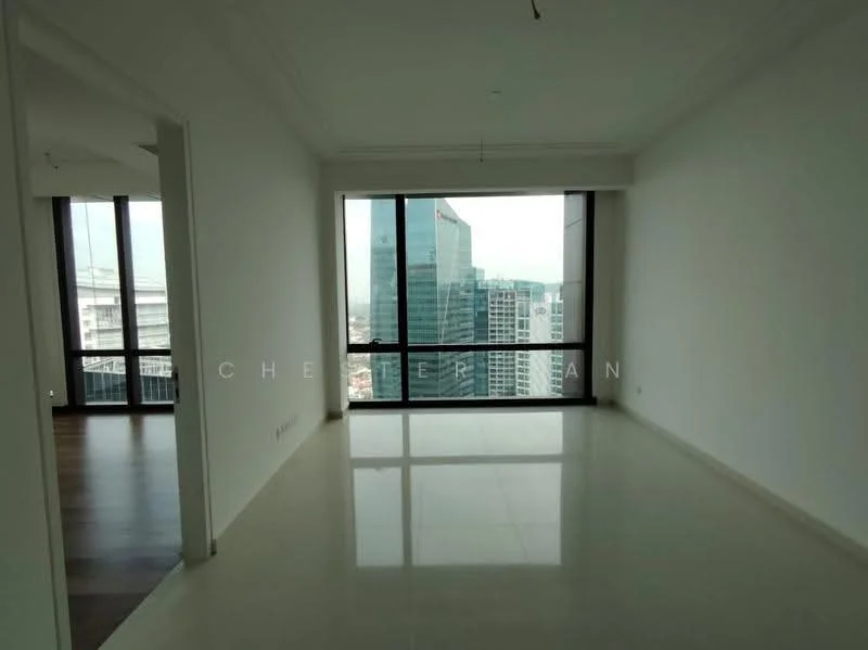 Living features: white painted walls, marble tile flooring, floor-to-ceiling windows, city view, crown moulding, recessed downlights; style: modern; view: city.